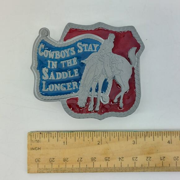 Cowboys Stay in the Saddle Longer Red Blue Enamel Belt Buckle - Picture 3 of 8